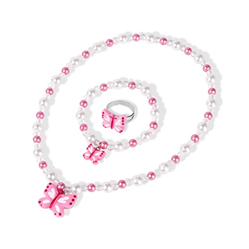 Butterfly Stretch Necklace Little Girl Toddler Necklace Bracelet Set, Little Princess Jewelry Kids Play Necklaces Butterfly Rings for Kids (B)