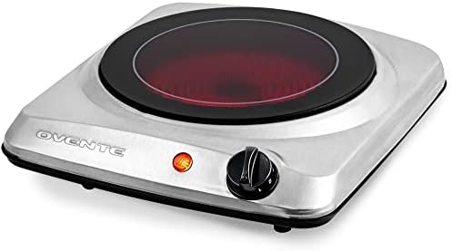 Ovente Electric Single Infrared Burner 7 Inch Ceramic Glass Hot Plate Cooktop with 5 Level Temperature Control & Easy to Clean Stainless Steel Base, Compact Stove for Home Dorm Office, Silver BGI101S