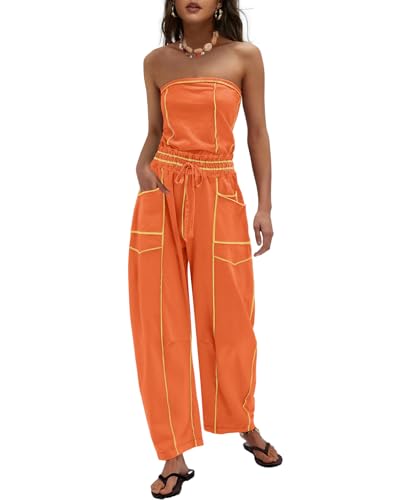 LAMISSCHE Womens Casual Strapless Jumpsuits off the Shoulder Summer Rompers Sleeveless One Piece Outfits with Pockets(Orange M)
