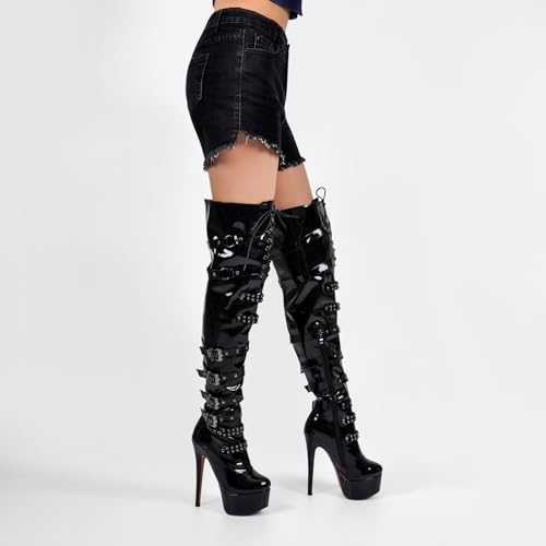 Richealnana Women's Platform Lace Up Stiletto High Heels Knee High Boots2
