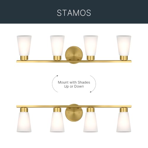 Image of Kichler Stamos 31.25 inch 4-Light Soft Modern Vanity Light with Satin Etched Glass in Brushed Gold, (8.25 inch H x 31.2 5 inch W), 55122BG