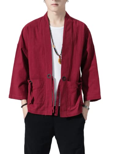 Image of Men's Japanese Kimono Cardigan Loose Cotton Linen 3 /4 Sleeve Open Front Casual Summer Shirt Jackets