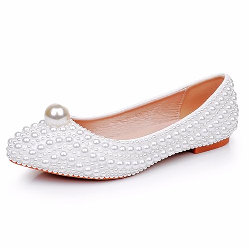 Women's Pearl Pointed Toe Flat Dress Shoes Elegant Sparkly Slip-On Comfort Soft Sole Ballet Flats Low Chunky Heel Wedding Bridal Pumps