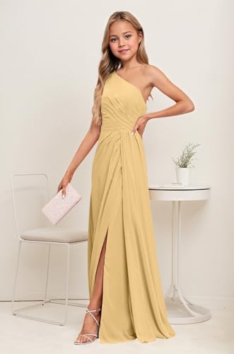 Junior Bridesmaid Dresses for Teen Girls One Shoulder Chiffon Flower Girl Dress Gold Long Party Pageant Gowns Size 102