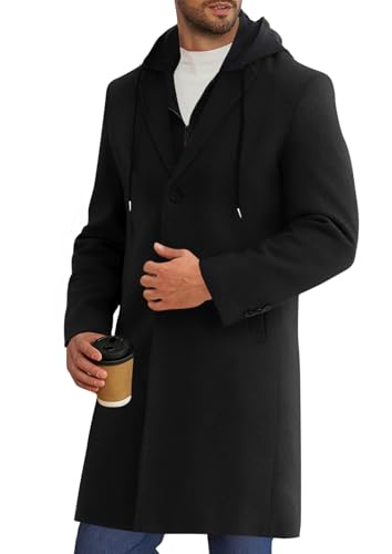 Runcati Mens Trench Coat Single Breasted Mid-Long Pea Coat Classic Winter Business Jacket with Detachable Hood