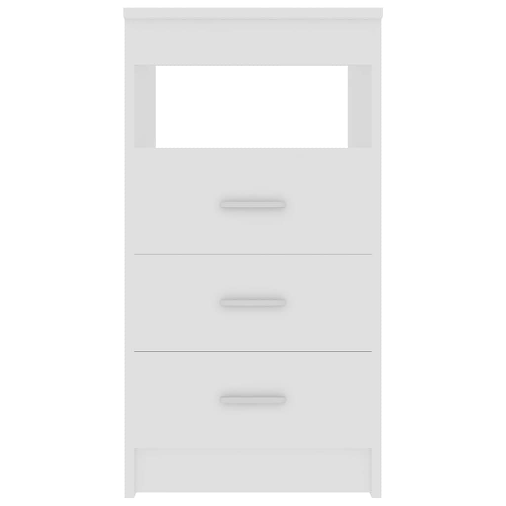 Cassettiera compatta in legno bianco, 40 x 50 x 76 cm, con 3 cassetti per documenti e ripiano aperto per decorazione, ideale come credenza accanto alla scrivania.