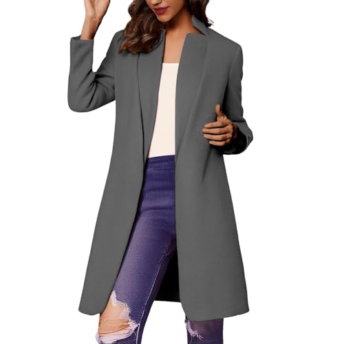 Modeewel Abrigo de otoño para mujer, abrigo largo con bolsillos, abrigo de solapa, abrigo suelto, cortavientos, abrigo de invierno, abrigo de lana, abrigo de lana resistente al viento, elegante