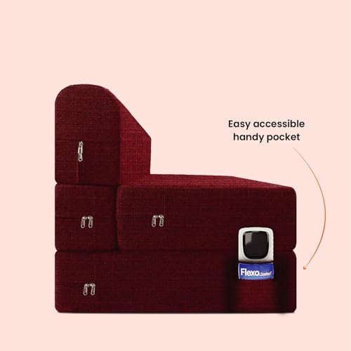 Image of Starlon 1 Seater Foldable Sofa Cum Bed 3-in-1 with 1 Floral Pattern Pillows, Washable Jute Fabric Cover, Space Saving Guest Bed, Pre-Assembled Royal maroon2.5x6 Ft