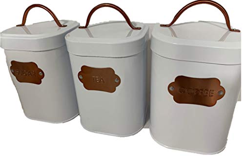Copper Kitchen Inspired Home 3 Piece Canister Set White Steel Coffee Tea Sugar #TOP2