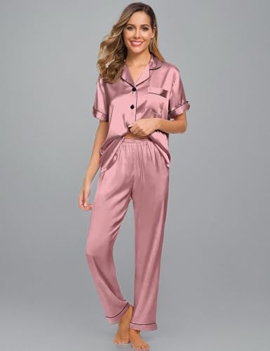Image of SWOMOG Women Satin Pajamas Set Short Sleeve Top & Pants Sleepwear Silky Button Down Nightwear 2pcs Loungewear Pjs Set