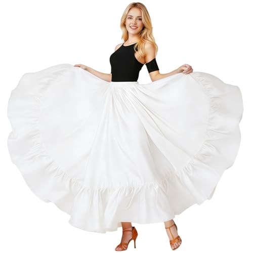 Baisdan Satin Dance Skirt Long Flamenco & Belly Dance Skirt Spanish Folk Costume Women Halloween Costume White