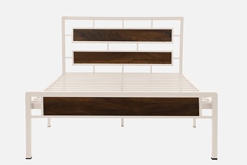 Image of Zeek Metal Queen Size Bed Without Storage | Wrought Iron Double Bed with Headboard & Footboard | Sturdy Powder Coated Platform Bed Queen Size Cot for BedroomLivingRoom Ivory (75x60)