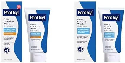 PanOxyl Acne Wash Bundle 10% Benzoyl Peroxide Maximum Strength Foaming Wash 5.5 Oz and 4% Benzoyl Peroxide Creamy Wash 6 Oz