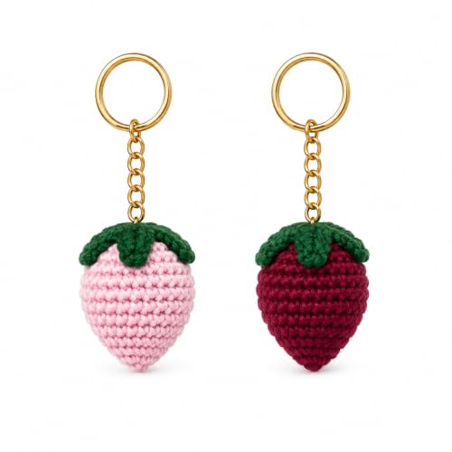 Image of Handmade Crochet Keychain | Cute Knitted Key Ring Charm | Crochet Animal, Fruit, Flower, Evil Eye & Food Plush Keychain for Car Keys, Backpack, Handbag & Gift (Pack of 1) (strawberry)