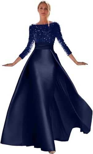 Mermaid Prom Dresses for Women Sparkly Sequin Long Sleeve Ball Gown Satin Evening Formal Party Dress