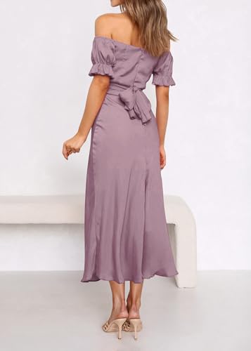 Image of KIRUNDO Women's Satin Summer Wedding Guest Cocktail Dress | 2026 Spring Fall Party Midi Dress, Silky, Elegant Off Shoulder Short Sleeve, Ruffle Mermaid Hem, Wrap Prom Formal Outfits