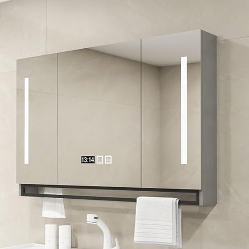 Espejo de baño de madera iluminado con armario montado en la pared, moderno y elegante con luces LED, decoración funcional del hogar para almacenamiento de baño