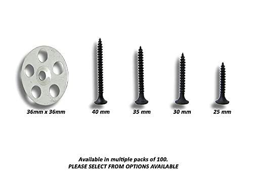 36mm Steel Insulation Washers And Screws For Insulation Fixings Including Tile Backer Boards XPS Insulation Packs of The 100 (30mm Screws x100 and 36mm Washers x100)