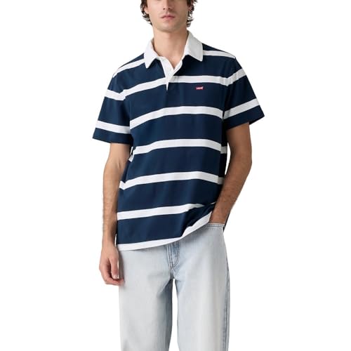 Levi's Men's Classic Short Sleeve Rugby Shirt, (New) Geoff Stripe Dress Blues, Large Standard