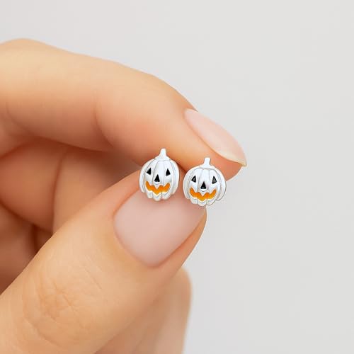 Pumpkin 925 Sterling Silver Stud Earrings, Halloween Dainty Festive Jewelry Gift (Jack O Lantern)4