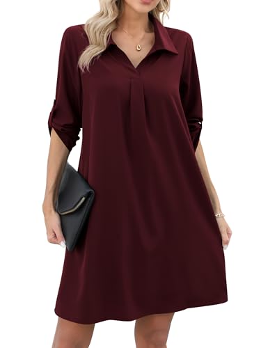Missufe Damen Freizeit Blusenkleid Tunika Hemdkleid 3/4 Ärmel Locker Shirt Kurzes Kleid (Burgunderrot, Mittel)