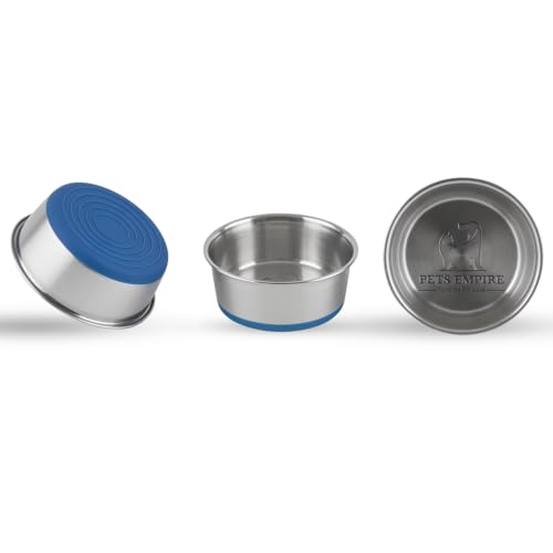 Image of Stainless Steel Dog Bowl with Non-Slip Silicone Base | Food & Water Bowl for Dogs & Puppies | Rust-Resistant, Heavy Duty, Easy to Clean, Anti-Skid Pet Feeding Bowl | Silver & Blue (1 Piece) (250)