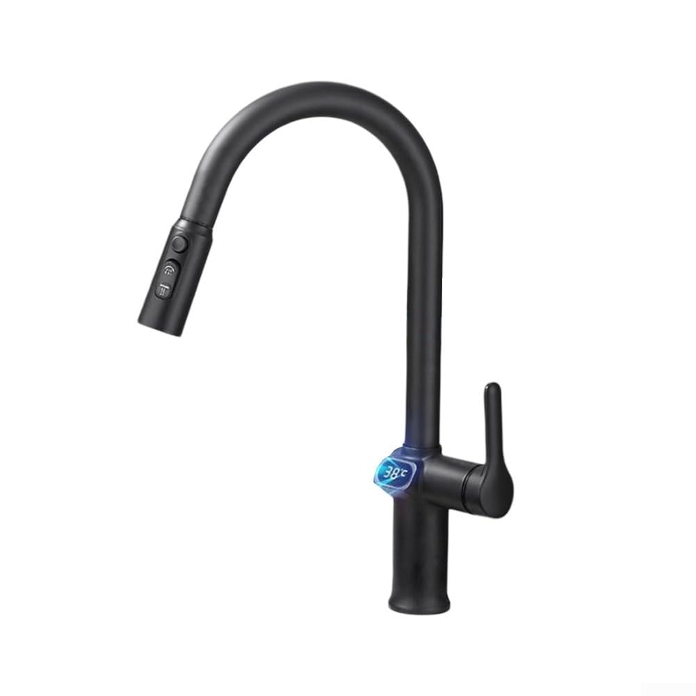 Grifo de cocina con pantalla LED digital de temperatura, pulverizador extraíble giratorio de 360 grados, modos de pulverización triple, control dual de calor y frío, material de cobre, 41 cm para