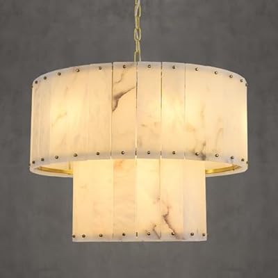 PIOUTNF Alabaster Chandelier D24in Spanish Natural Marble Round Chandeliers,2 Tiers Alabaster Pendant Light,Modern Dining Room Chandelier, Dimmable Gold Chandeliers for Bedroom,Foyer,Bathroom,Entryway