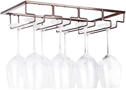 FOMANSH Wine Glass Rack Under Cabinet - Stemware Holder Metal Wine Glass Organizer Glasses Storage Hanger for Bar Kitchen Brown 4 Rows