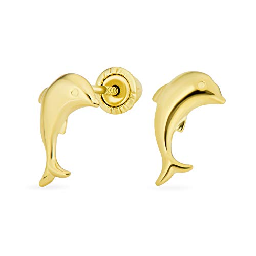 Boucles D'Oreilles Clou En Or Jaune 14 Carats Réel Avec Des Dauphins Pour Femmes Et Adolescentes De Style Minimaliste Nautique Tropical Et Marin Avec Fermoir De...