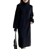 [J-Scott] [ジェイスコット] ワンピース レディース ニット タートルネック ドロップショルダー ボリュームスリーブ ミディ丈 ブラック JS116-BK-XL