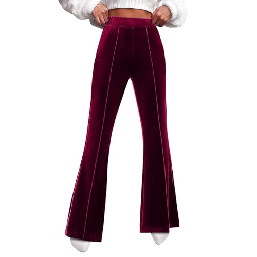 Flare - Pantalones de terciopelo para mujer, cintura alta, pierna ancha, elásticos, cintura elástica, pantalones de vestir, pantalones con costura frontal, rojo, M