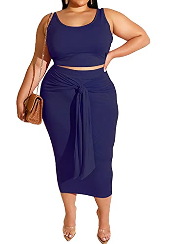 Image of Plus Size Women 2 Piece Outfits Sets Sexy Tracksuit Midi Dress,Sleeveless Tank Top Bodycon Skirts Set Casual Summer