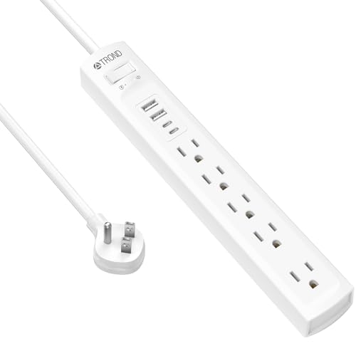 TROND Surge Protector Power Bar with 2 USB C, 6ft Flat Plug Extension Cord Indoor, 5 Outlet Extenders, 1440J Desktop Expander, Wall Mount, Dorm Room Home Travel Essentials Office S image 8