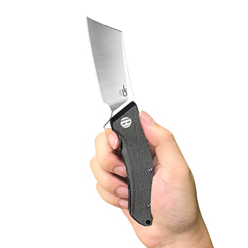 BESTECH KNIVES Cleaver Folding Pocket Knife: 3.15' D2 Steel Stain Stonewashed Cleaver Blade, Micarta Handle, Flipper Liner Lock, for Camping Fishing Hiking Hunting (BG42A Black)