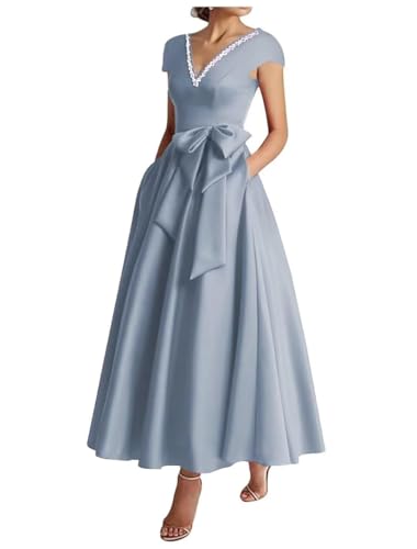 Robe mère de la mariée satin col V pour soirée de mariage chic