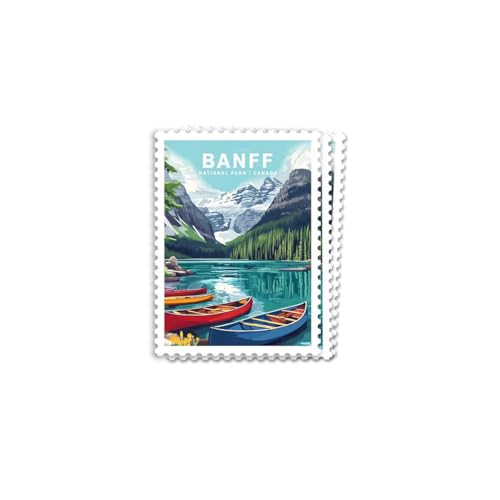 (3pcs) Banff National Park Moraine Lake Alberta Canada Sticker - Canoe on Mountain Lake Retro Travel Illustration - Vintage Adventure Print - Wanderlust Hiking Collectible Sticker