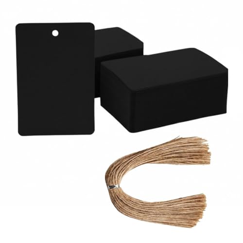 Image of CVANU Black Kraft Paper Hanging Rectangle Shaped Tags (300pcs) with Jute Twine for Wedding| Write Blessings| Thanksgiving| Gift Decor (3.5inch X2.3inch)
