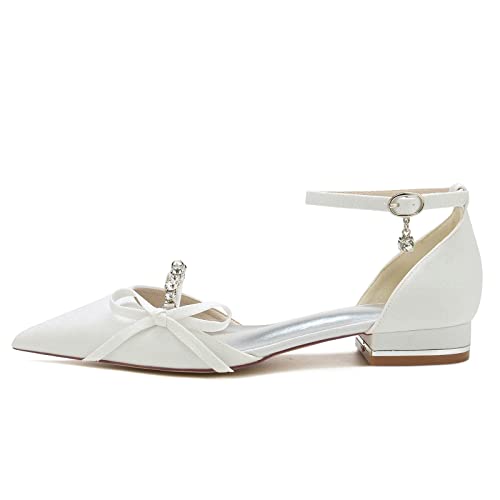 Women's Pointed Toe Glitter Satin Wedding Flats for Bride Comfortable Wedding Shoes Low Heels Rhinestones Bridal Flats Evening Prom Party Dress Shoes Pumps3