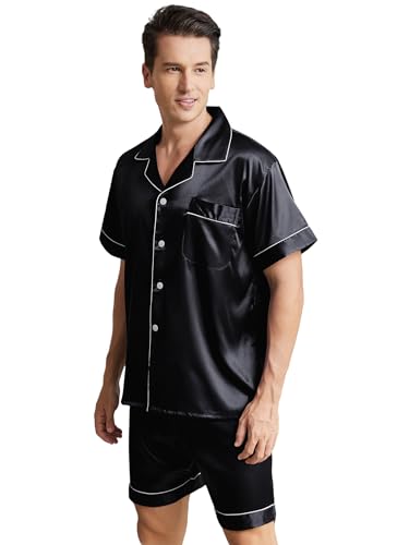 Mens Satin Pajamas Set Short Sleeve Button Down Sleepwear Silk Lounge Set Soft Two Piece PJs with Pockets