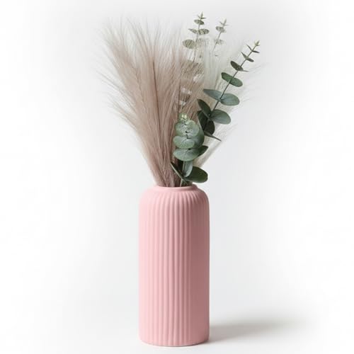 Image of KREATIVE ART'S Modern Ribbed Design Ceramic Flower Vase for Living Room, Flower Pots for Artificial Flower, Home Decoration Item, Home Decor, Vases for Living Room (Pink, Medium)