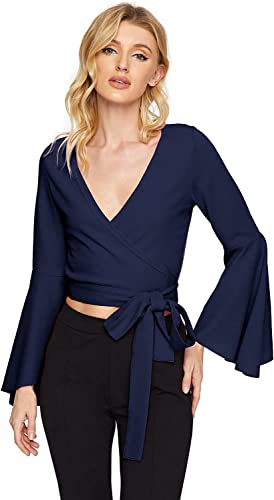 Image of TASHVIKA'S Women's Long Sleeve V Neck Tie Knot Wrap Blouse Top