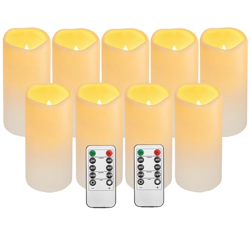 Image of Flickering Flameless LED Candles with 10-Key Remote & Timer, Waterproof Outdoor Indoor f Battery Operated Candles for Home /Wedding /Festival Decor Set of 9 (D3 x H5.5) Ivory