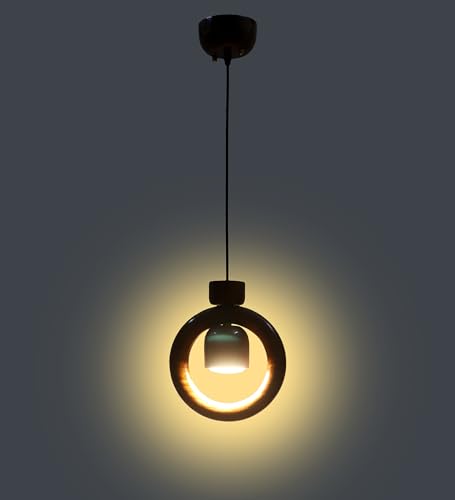 Green House Handmade Sheesham Wood Hanging Pendant Ceiling Jhumar | Diwali Decor Chandelier | 9W Warm White LED | Unique Ring Design | Living Room, Bedroom, Dining, Hall, Office | Aesthetic Luxury 6 317p1r VelL