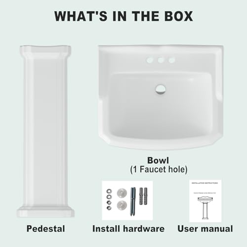 Bathroom Pedestal Sink, 26 Inch x 22 Inch Rectangular Ceramic Basin with 3 Faucet Holes (4 Inch Centerset), Ideal for Family Bathrooms