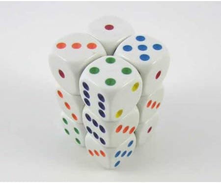 Koplow Games White Opaque Dice with Multi-Colored Pips D6 16mm (5/8in) Pack of 12