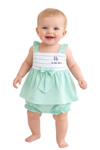 Image of Baby Girls Frock Dress with Bloomer Set | Short Sleeve Polka Dot Inner Layer & Bow Detail Special for 0-6 Months