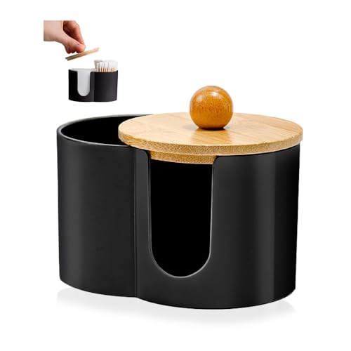 HMCEY Distributeur Coton Tige Support Noirs,Rangement Coton Demaquillant,Porte Cotons Tige Salle de Bain,Boîte Cotons Tampon Avec Couvercle,Cotton Pads...