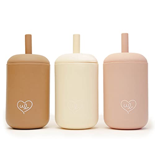 Image of Ullabelle Baby Silicone Cups Reliable Lid Sippy Cup 6 oz Unbreakable No Spill Straw Toddler Training Cup, Leak Proof, Spill Proof Kids Take and Toss Cup Set of 3 (Beige)