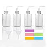 4x Waschen Flasche Kunststoff 250ml Squeeze Flasche Spritzflasche,Squeeze Laborflasche mit Schmalem Mund,Quetschflasche mit Trichter Aufkleber,Gießflasche,Bottle Transparent für Pflanzenbewässerung